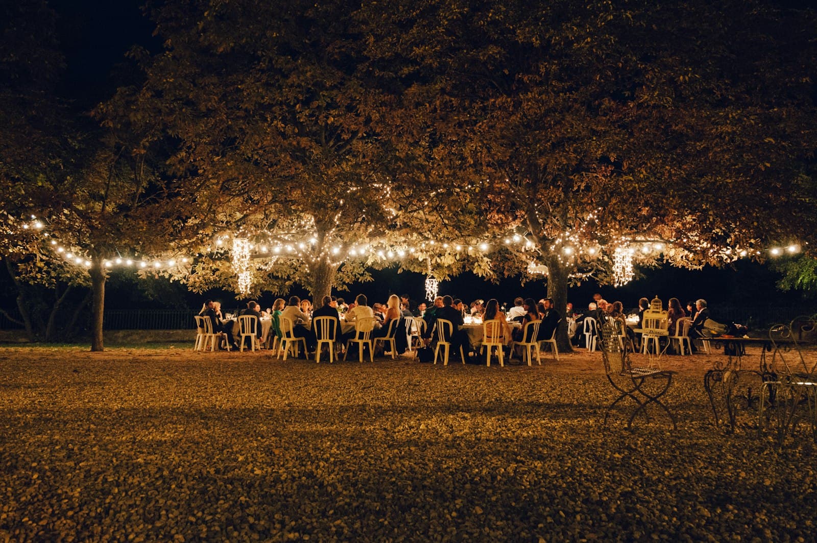 A long table dinner under strung lights